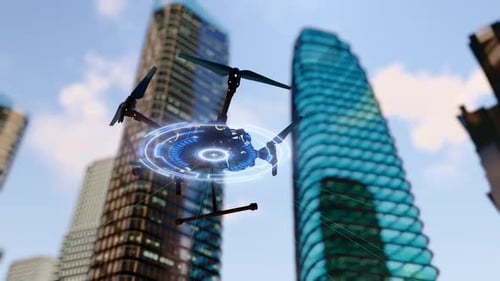 Futuristic Drone Flying Over City with Digital Data Overlay