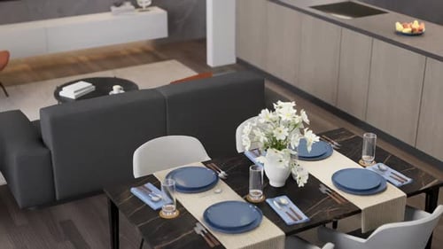 House interior design detail, modern clean living room, dining table close-up shot