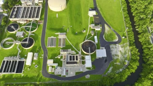 Aerial View of Modern Water Cleaning Facility at Urban Wastewater Treatment Plant