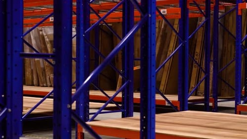 Wide Shot New Steel Warehouse Distribution Center Racking Shelves Product Inventory Interior Furnitu