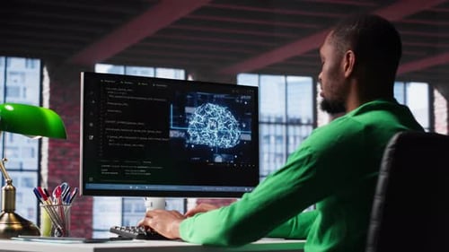 Black Tech Engineer Programming an AI Brain Neural Network for Machine Learning