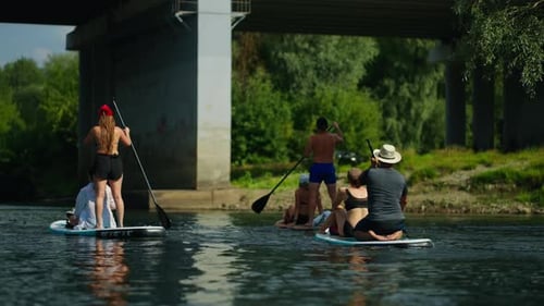 Group Of People On Stand Up Paddle Boards Floating In River In Summertime Active Rest