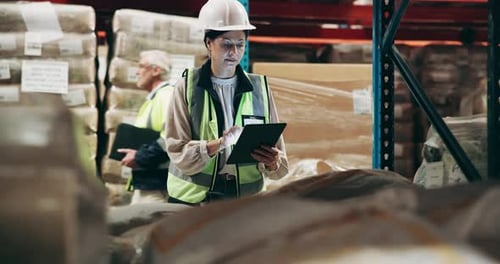 Logistics, woman and scanner with tablet in warehouse with verify shipping information