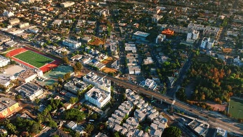 Flying over the neighborhood in one of the areas in modern Los Angeles.