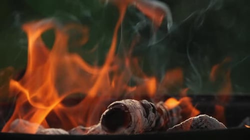 Nahaufnahme von brennendem Brennholz am Lagerfeuer in Naturzeitlupe
