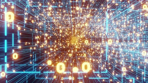 Cyberespace numérique bleu avec rendu 3D des chiffres, un et des zéros scintillants. Système binaire Big Data