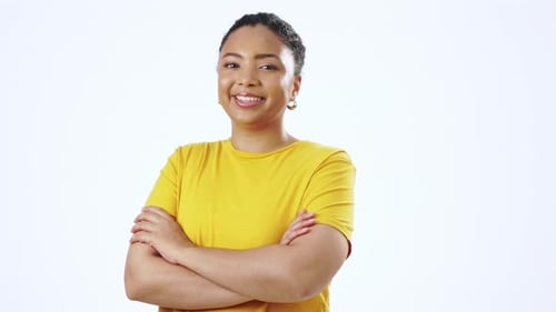 Woman, face and happiness of a person on isolated white background in studio