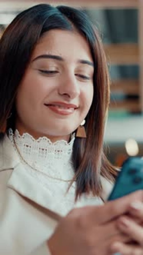 Business, woman and reading with phone in office for research, social media and funny chat