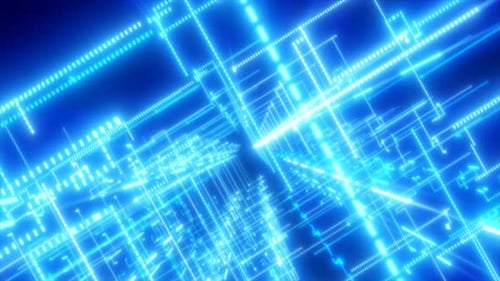 Abstract 3D tunnel with bright blue glowing lines forming a digital grid of futuristic light