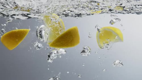Lemon quarters falling into fresh clear water with bubbles. Close up, light background, slow motion