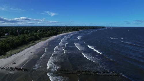 An aerial view of a beach and the ocean