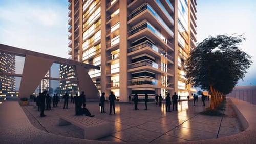 Silhouette People Relaxing in Outdoor Park on a Modern Building at Dusk