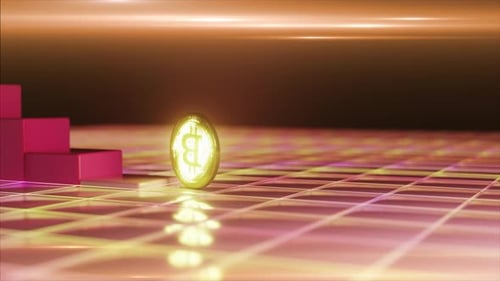 Glühende goldene Bitcoin-Münze, die sich auf einer glänzenden reflektierenden Gitteroberfläche dreht und Kryptowährung symbolisiert