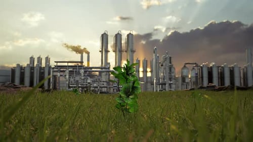 Tree And A Factory Emitting Smoke, Highlighting Environmental Issues