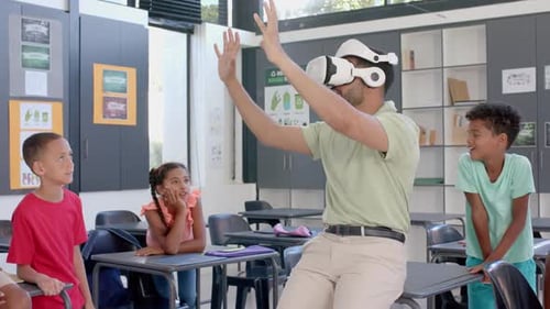 Teacher uses VR headset in a modern classroom at school