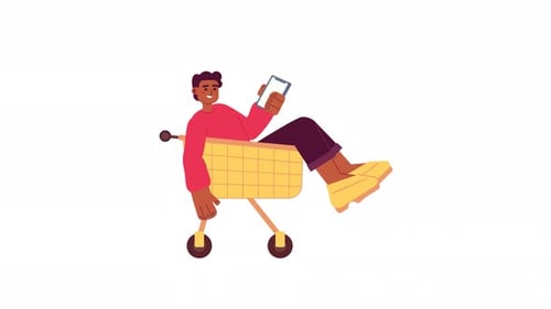 Animated Man Using Phone in Shopping Cart