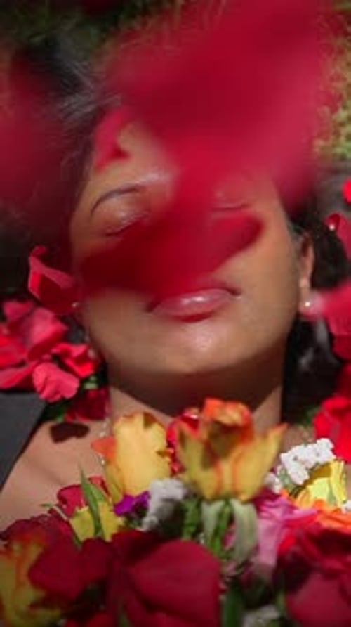 Young Woman Lying Amongst Roses and Falling Petals