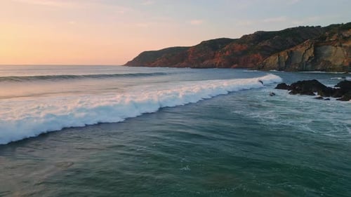 Panoramic Sea Waves Splashing Sunrise Coastline Rocky Dawn Cliffs Foaming Water