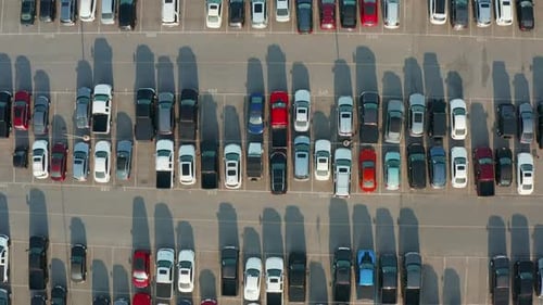 Rows of new and used cars at auto dealership parking lot. Many trucks, SUVs during magic hour. Shado