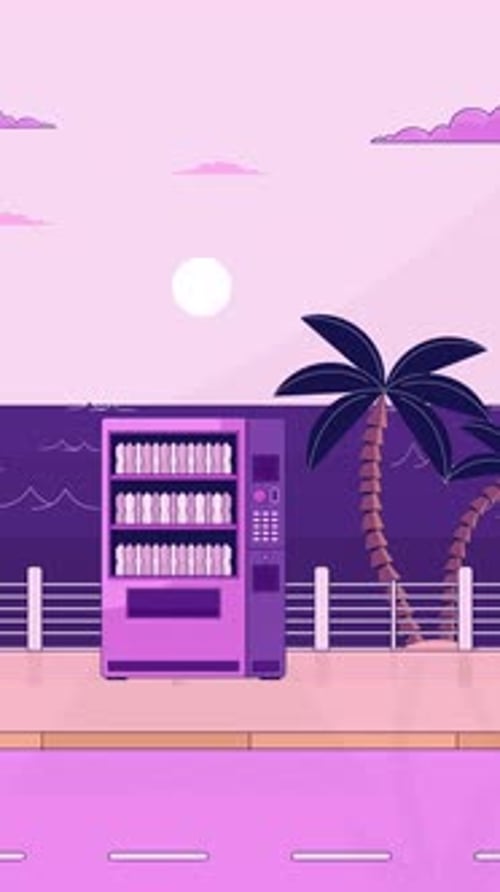 Vending machine at evening seaside road lofi vertical animation
