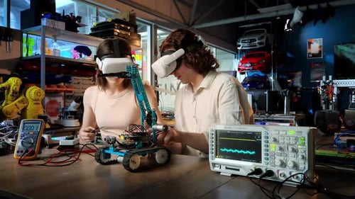 Young Adults Work on Robot with VR Headsets