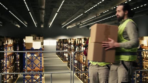 Warehouse Worker Inspects Inventory on Tablet Device