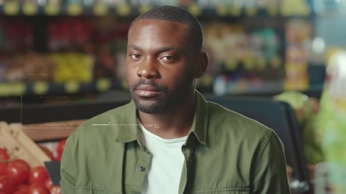 Attractive Serious African American Man 3D Identification Scan Information Look at Camera Facial