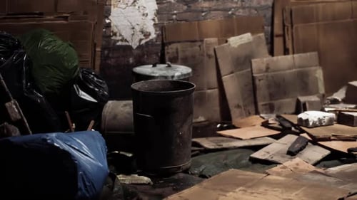 Nighttime Storage Space Cluttered with Discarded Boxes and Items