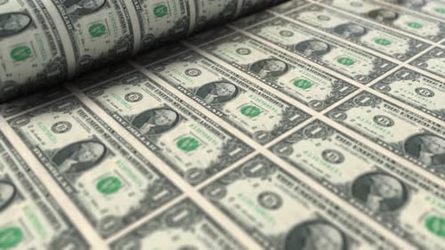 1 USA dollars banknotes are being printed by currency press machine. process of american money print