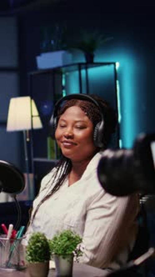 Vertical Video Influencers in Studio Using High Tech Camera for Internet Show Production