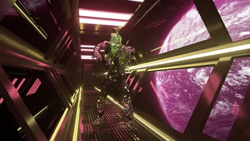 Green Purple Diamond Zombie Walks Through the Neon Corridor of the Spaceship Planet Earth in the