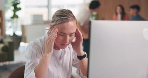Tired woman, headache and office with stress or anxiety for mistake, deadline or pressure
