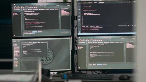 Múltiples pantallas que muestran el código de programación en un escritorio de agencia de TI de software vacío