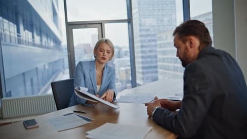 Business Meeting: Woman Signs Agreement, Shakes Hands