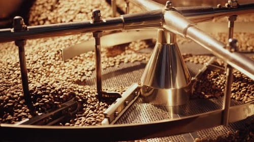 Coffee Beans Being Roasted in Rotating Machine