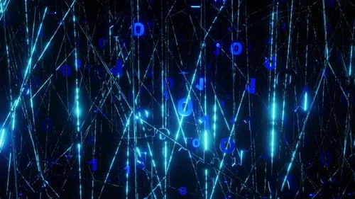 Bewegt sich durch eine binäre Matrix aus blau blinkenden Einsen und Nullen. Digitales Hintergrundkonzept