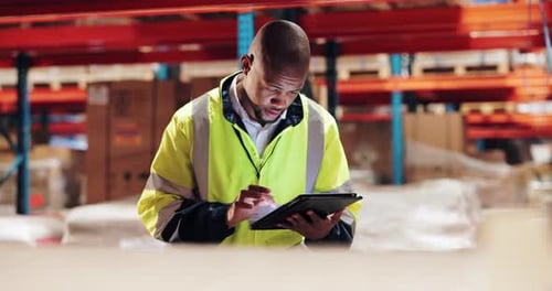 Logistics, search and man in warehouse with tablet for online inspection in export distribution