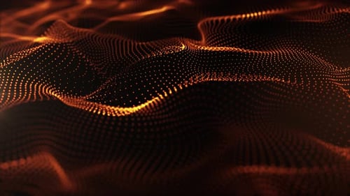 Abstrakte digitale dynamische Wellen aus orangefarbenen Partikeln mit Licht, Bewegungslichthintergrund, Datenfluss