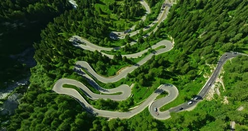 Aerial View of the Turns of Maloja Pass in Swiss Aerial Drone View Winding Mountain Road