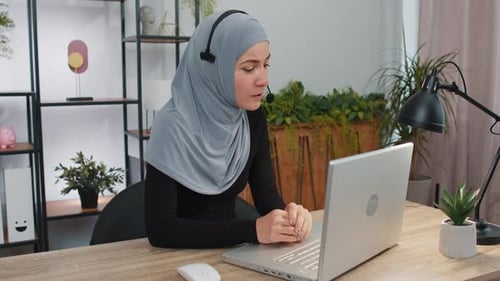 Businesswoman Working on Laptop Wearing Headset Call Center Support Service Operator Office Helpline