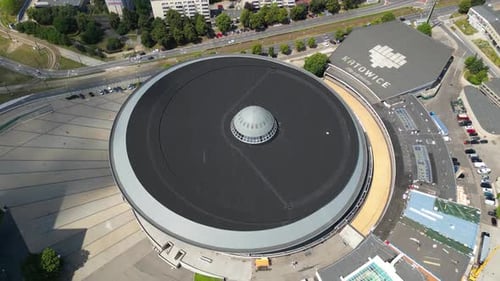 Aerial view of Spodek, a multipurpose arena complex in Katowice, Poland