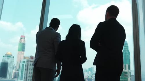 Back view diverse business people standing at ornamented window