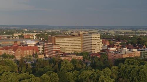 Skane University Hospital In Lund City - Lund Univesity Public Hospital In Sweden. - aerial shot