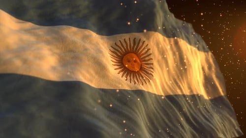 Realistic Waving Argentina Flag with Golden Particles Background