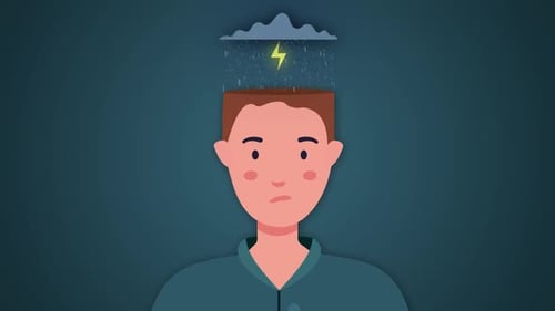 Animated Man with Stormy Cloud in Head for Mental Health