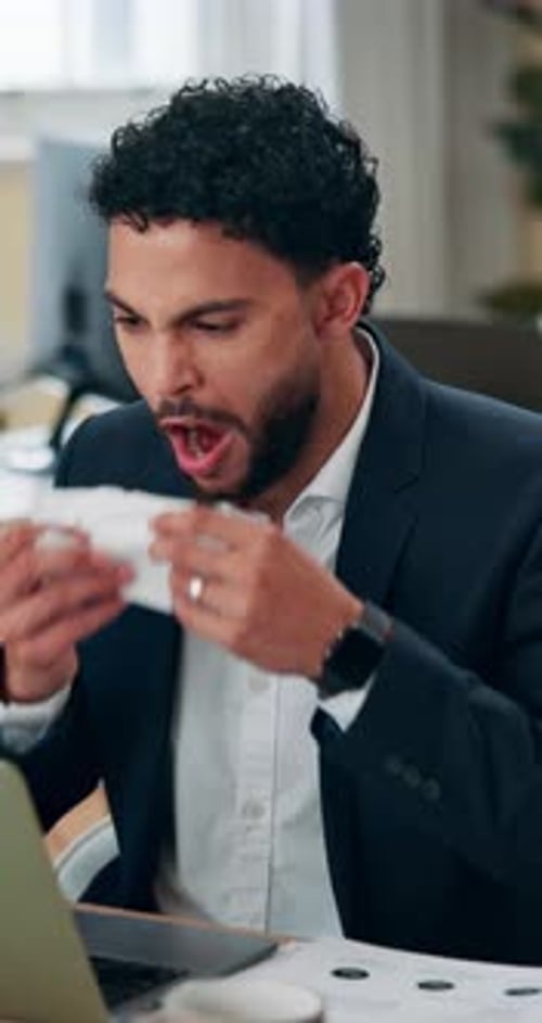 Business, man and sneeze at laptop in office, allergies and tissue for cleaning