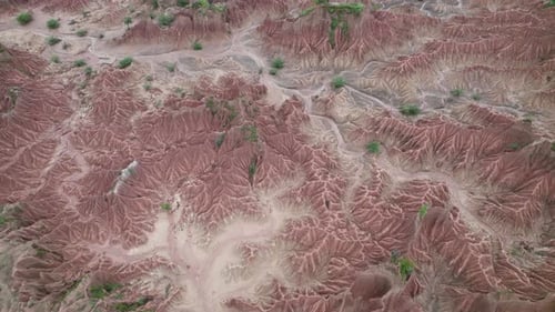 Aerial View Of Red Desert Terrain At Desierto De La Tatacoa In Colombia.