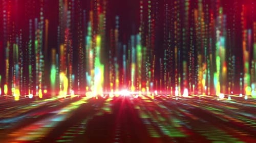 Dynamic digital rain of vibrant lights illuminates futuristic abstract background