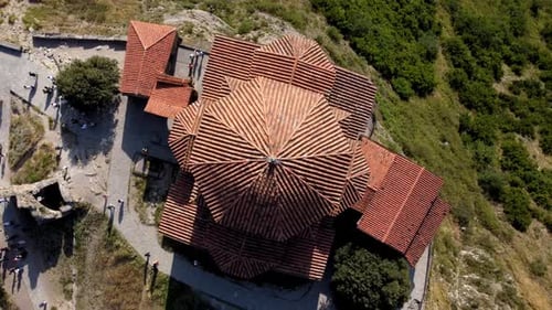 Top down view of Jvari Monastery perched majestically atop a hill