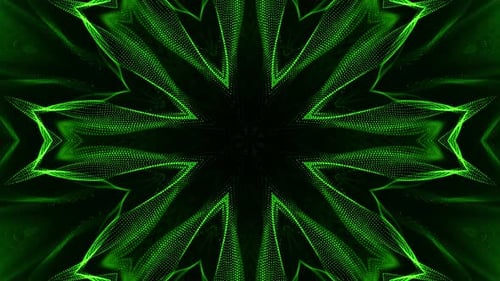Green and black background with large flower design. Kaleidoscope VJ loop